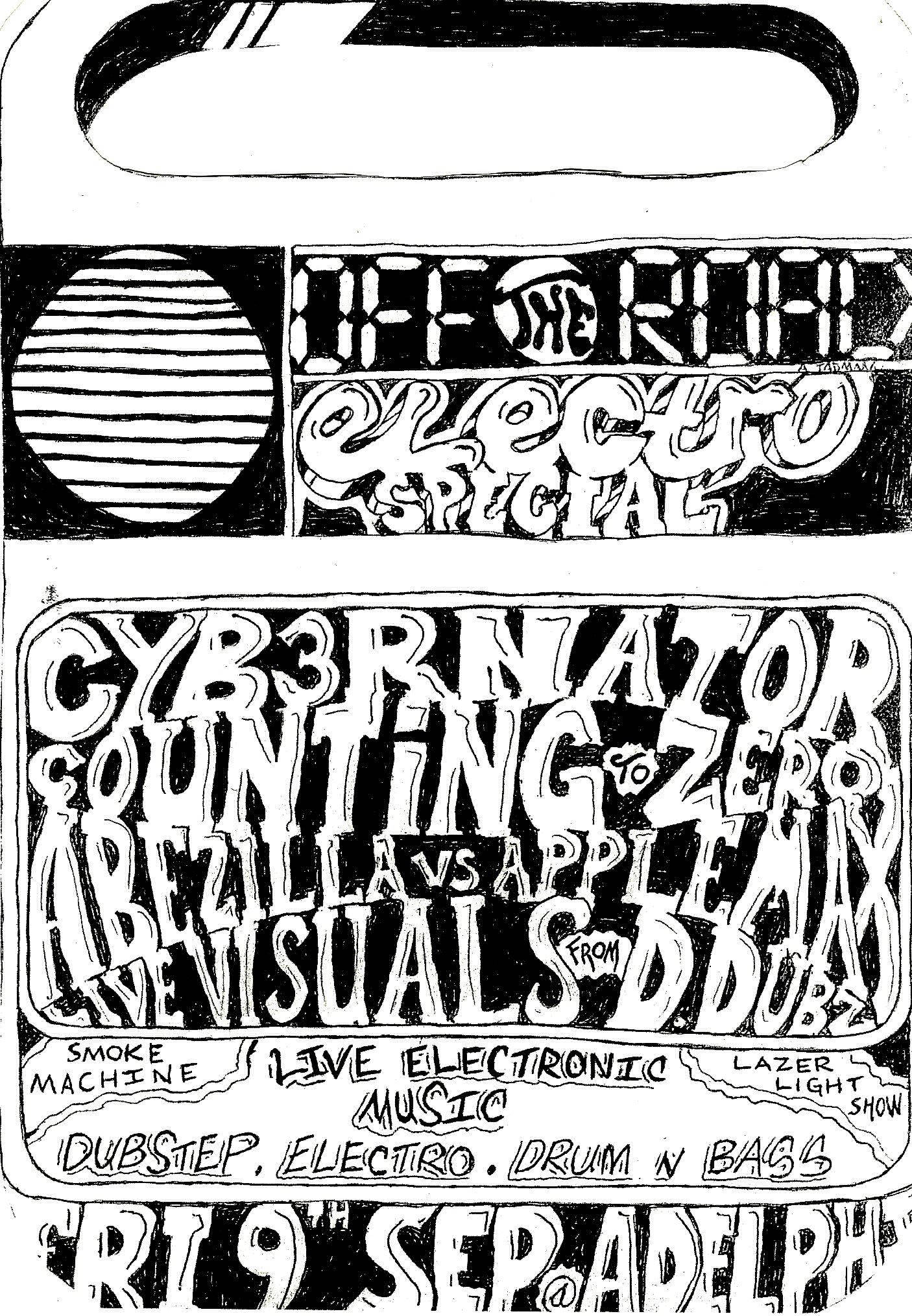 Flyer for Off The Road Electro Special featuring black and white hand drawn speak n spell with artist names and entry details written in - Credit A Tadman